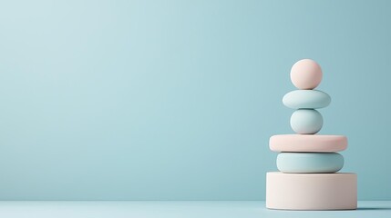 Smooth pastel stones stacked creatively against a soft blue background.