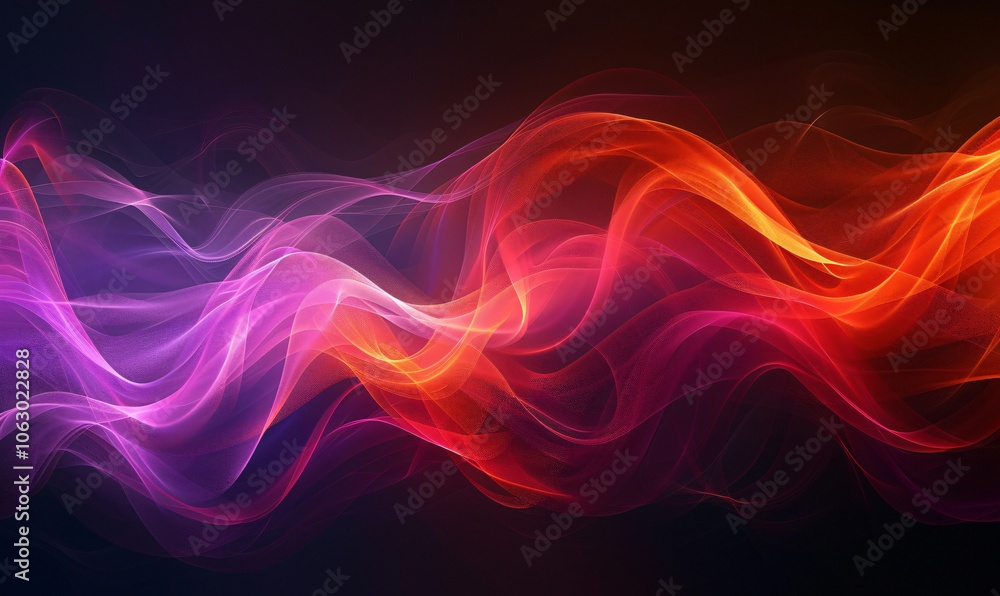 Poster abstract background with wavy lines and waves of light in orange, red and purple colors on a black b