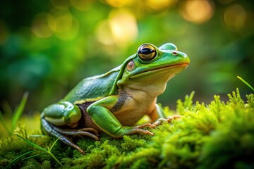 Obraz premium Resting on the ground, a bright green frog blends seamlessly into its lush grassy surroundings, embraced by the vibrant energy of its natural habitat.