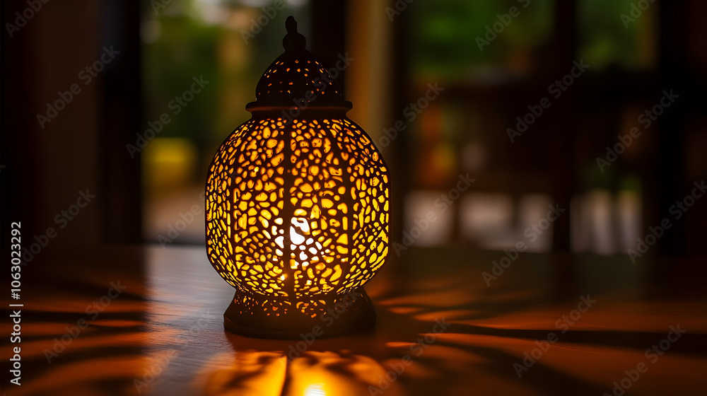 Poster a beautifully designed lantern casting intricate shadows in a warm, inviting space. ai image