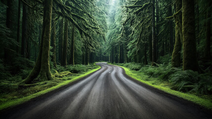Naklejka premium Winding road through dense, lush green forest with tall moss-covered trees and ferns creating a tunnel-like canopy