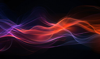 Obraz premium Abstract background with wavy lines and waves of light in orange, red and purple colors on a black background. Abstract art design element for creative concepts, technology, music or digital concepts.