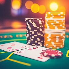 A close-up of poker chips and playing cards on a casino table.