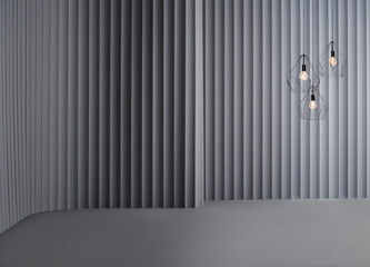 Decorative grey wall background and lamp concept, chair sofa and furniture design. Dark color floor.