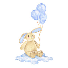 Adorable watercolor bunny toy illustration, holding blue pastel balloons and flying on fluffy clouds. This cute hand drawn clipart against a white background perfect for baby showers or nursery decor