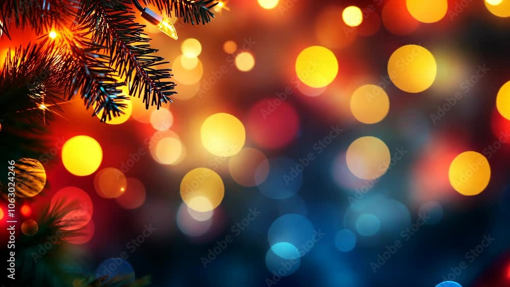 Poster a pine branch with festive lights against a backdrop of colorful bokeh