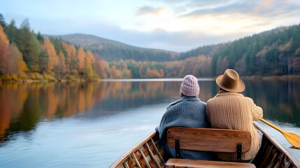 Fototapeta premium Senior couple travel wealth freedom concept. A serene autumn scene of two people in a boat on a tranquil lake, surrounded by vibrant fall foliage and gentle mountains.