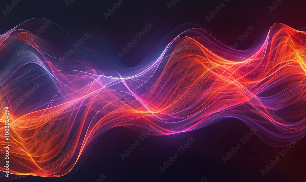 Aufkleber abstract background with wavy lines and waves of light in orange, red and purple colors on a black b