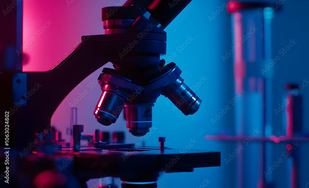 Poster a close-up of a microscope under colorful lighting, emphasizing scientific exploration. ai image