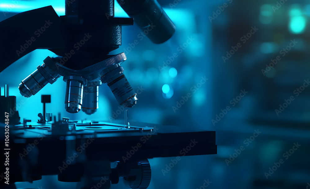 Poster a microscope examining a sample in a laboratory setting with a blue ambiance. ai image