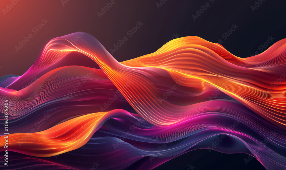 Poster abstract background with wavy lines and waves of light in orange, red and purple colors on a black b