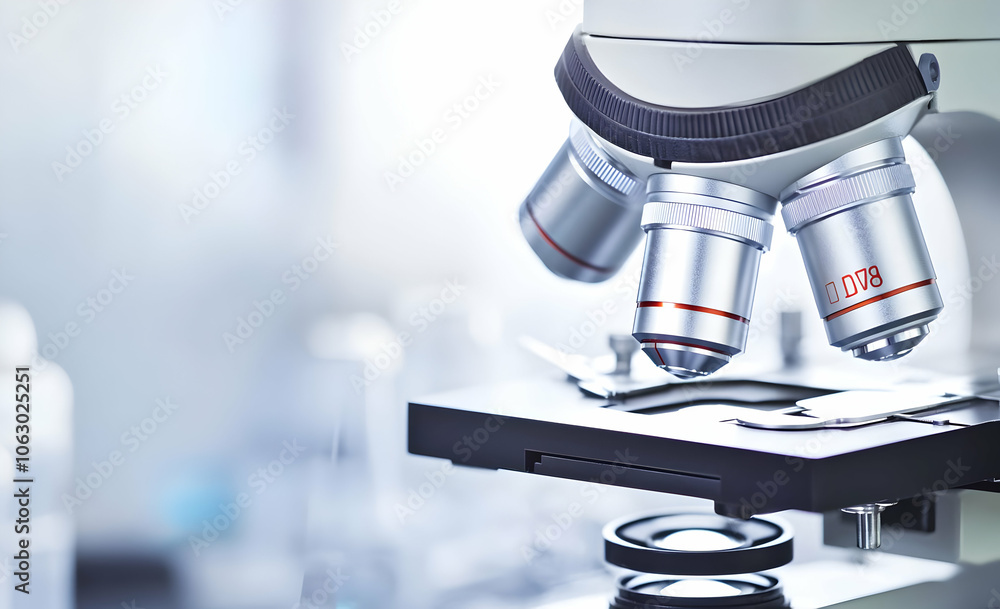 Poster close-up of a microscope with multiple objective lenses, highlighting scientific research. ai image