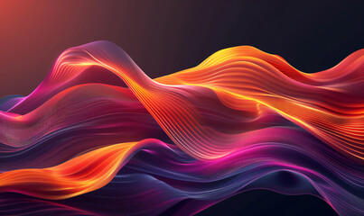 Abstract background with wavy lines and waves of light in orange, red and purple colors on a black background. Abstract art design element for creative concepts, technology, music or digital concepts.