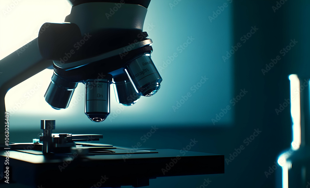 Poster a close-up view of a microscope, emphasizing its components and scientific purpose. ai image