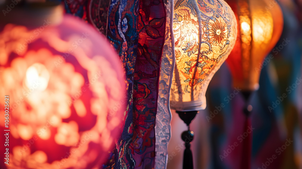 Poster colorful lanterns illuminated, creating a warm and inviting atmosphere. ai image