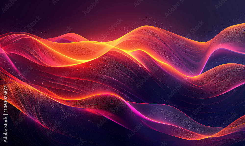 Poster abstract background with wavy lines and waves of light in orange, red and purple colors on a black b