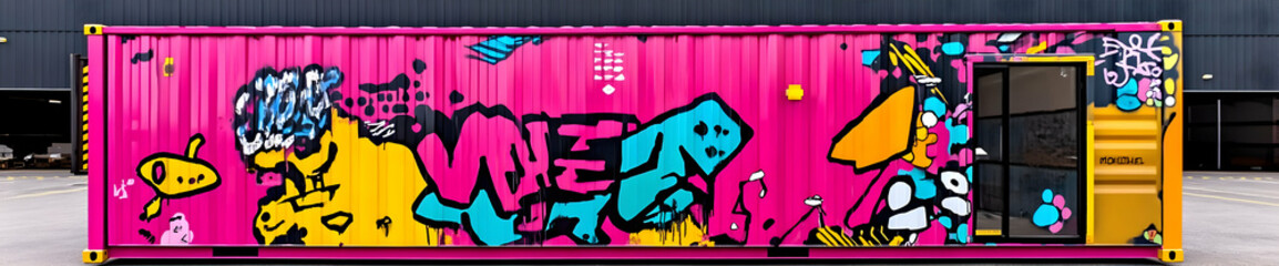 A vibrant pink shipping container adorned with colorful graffiti art. AI Image