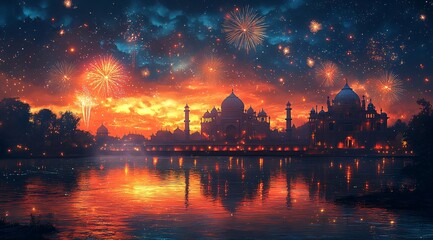 Fireworks Over Indian Palace at Night