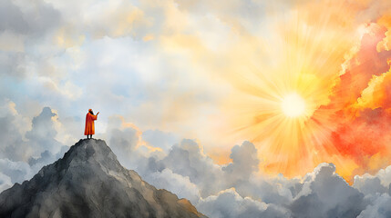 Watercolor painting of a prophet standing on a mountain top, receiving a revelation from god, with dramatic clouds and sun rays