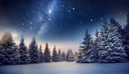 A christmas scene with trees and stars in the sky