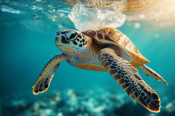 Obraz premium Sea Turtle Swimming Near Floating Plastic Waste