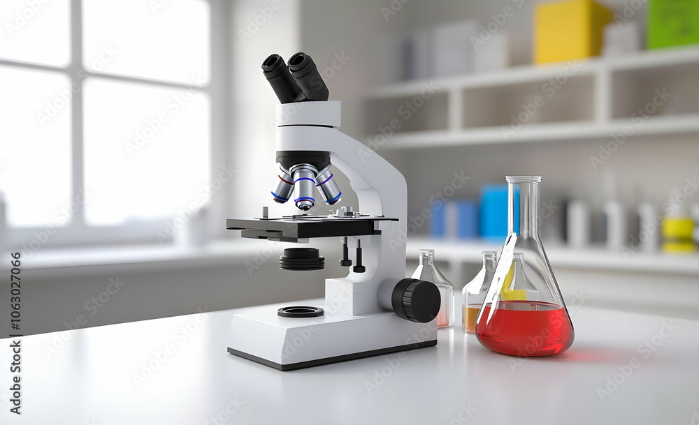Poster a laboratory setup featuring a microscope and glassware for scientific experiments. ai image