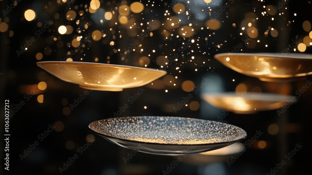Poster floating plates with sparkling bokeh effect
