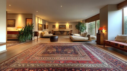 A living room with two couches, a patterned rug, and a large window.