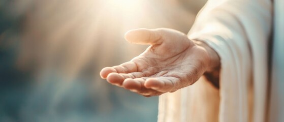 Jesus extending his hand to a fallen person, the light of forgiveness shining from his palm, symbolizing faith in second chances