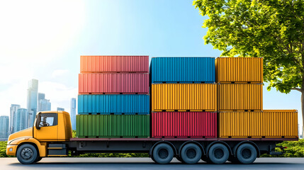 A yellow truck transporting colorful shipping containers in an urban setting. AI Image