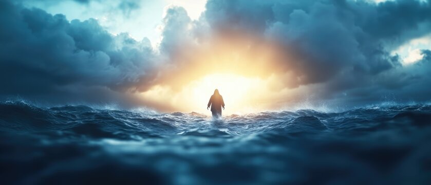 Jesus walking through a stormy sea, his eyes focused on the sky, representing faith as the anchor of hope during challenges - Powered by Adobe