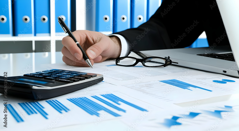 Poster a hand writing on documents with a calculator and laptop in a business setting. ai image