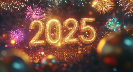 New Year 2025 celebration with sparkling fireworks and festive decorations creating a vibrant atmosphere of joy and excitement