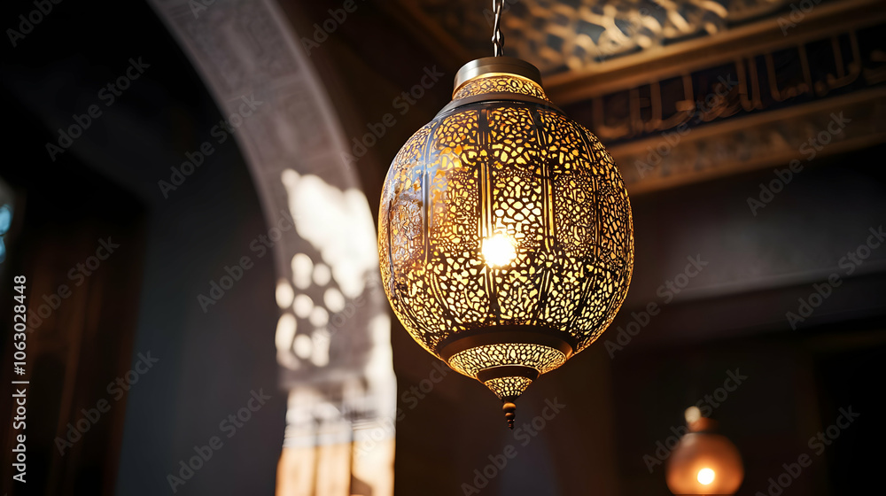 Poster a decorative lantern with intricate patterns, casting warm light in an elegant space. ai image