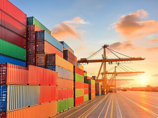 A vibrant port scene with stacked shipping containers at sunset, highlighting industrial activity. AI Image