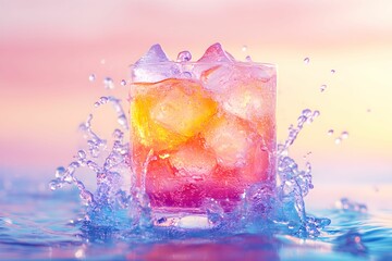 A vibrant drink splashes in water, featuring colorful ice cubes, creating a refreshing and lively summer vibe.