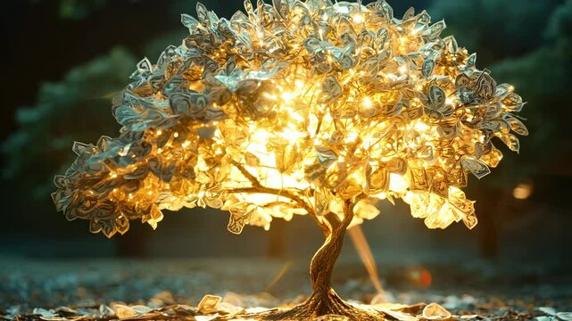 A detailed 3D illustration of a money tree covered in dollar bills, representing financial success, wealth growth, and investment opportunities in a tranquil, green setting