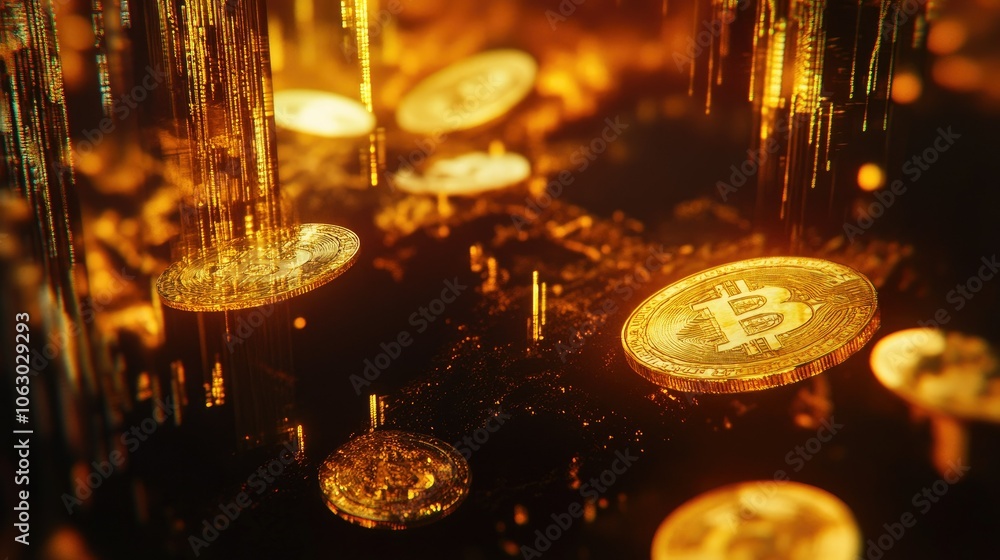 Poster bitcoin visualization in golden abstract background