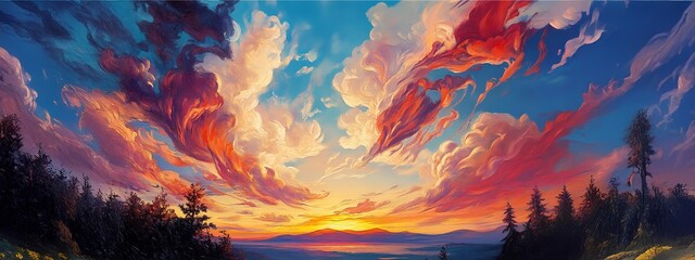 Obraz premium sky cloud background vector anime sun blue cartoon heaven cloudy landscape abstract summer white gradient sunset scene art flat color design air night game sunrise beautiful nature space style spring 