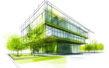 Obraz premium Capture a conceptual sketch of an eco-friendly building with green glass walls, illustrated as an architectural drawing on a white background. 
