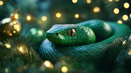 Fototapeta premium A vibrant green snake resting among holiday decorations in a cozy indoor setting during the festive season