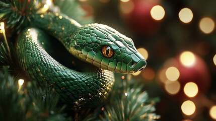 Fototapeta premium A green snake wrapped around a Christmas tree, illuminated by soft glowing lights and colorful ornaments during the holiday season