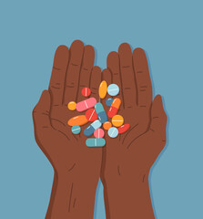 Flat illustration of person african hands holding various pills, capsules or vitamins. Top view of palms with colorful medicines. Treatment with antidepressants, painkillers. Hand drawn cartoon design