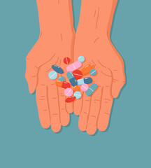Flat illustration of person hands holding various pills, capsules or vitamins. Top view of palms with group colorful medicines. Treatment with antidepressants, painkillers. Hand drawn cartoon design