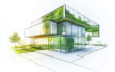 Obraz premium Design a sophisticated sketch of an eco-friendly structure featuring green glass walls, rendered as an architectural drawing on a white backdrop. 