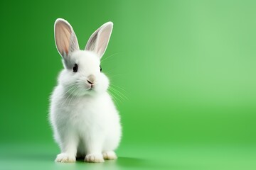 Obraz premium A white rabbit sits on a green background, looking to the right with its ears perked up.