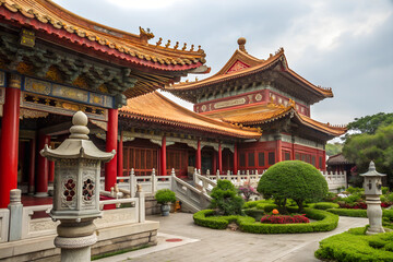 Traditional Chinese temple with ornate roof and intricate architecture surrounded by nature