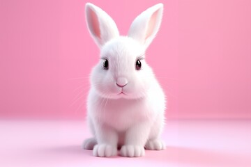 Obraz premium A white bunny with pink eyes sits on a pink background.