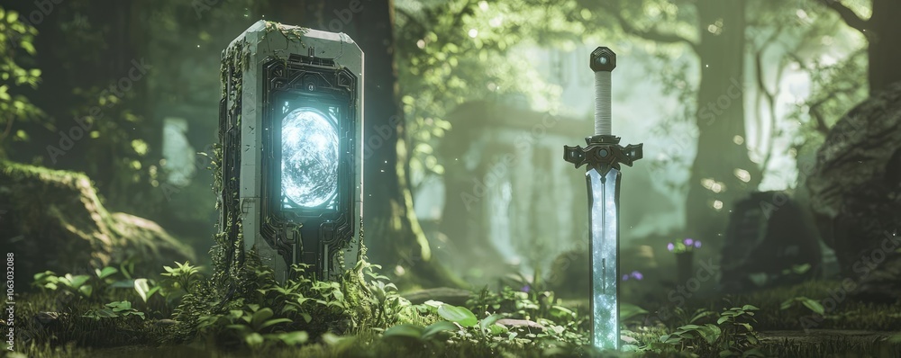Poster mystical sword and ancient monolith in a lush, enchanted forest setting