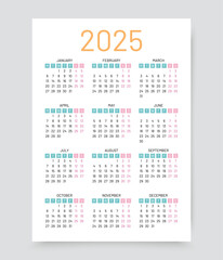 Calendar 2025 year. Yearly calender template. Week starts Monday. Pocket organizer with 12 month in English. Scheduler layout in color minimal design. Vector illustration. Portrait orientation, A4.